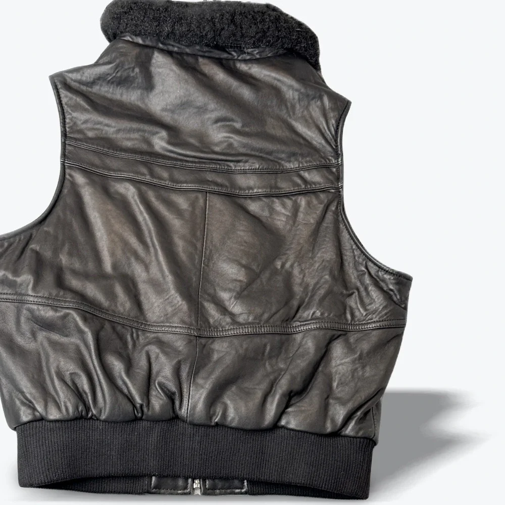 Knoles & Carter‎ Italian Lamb Skin Leather Vest Womens Black Faux Fur Collar XL